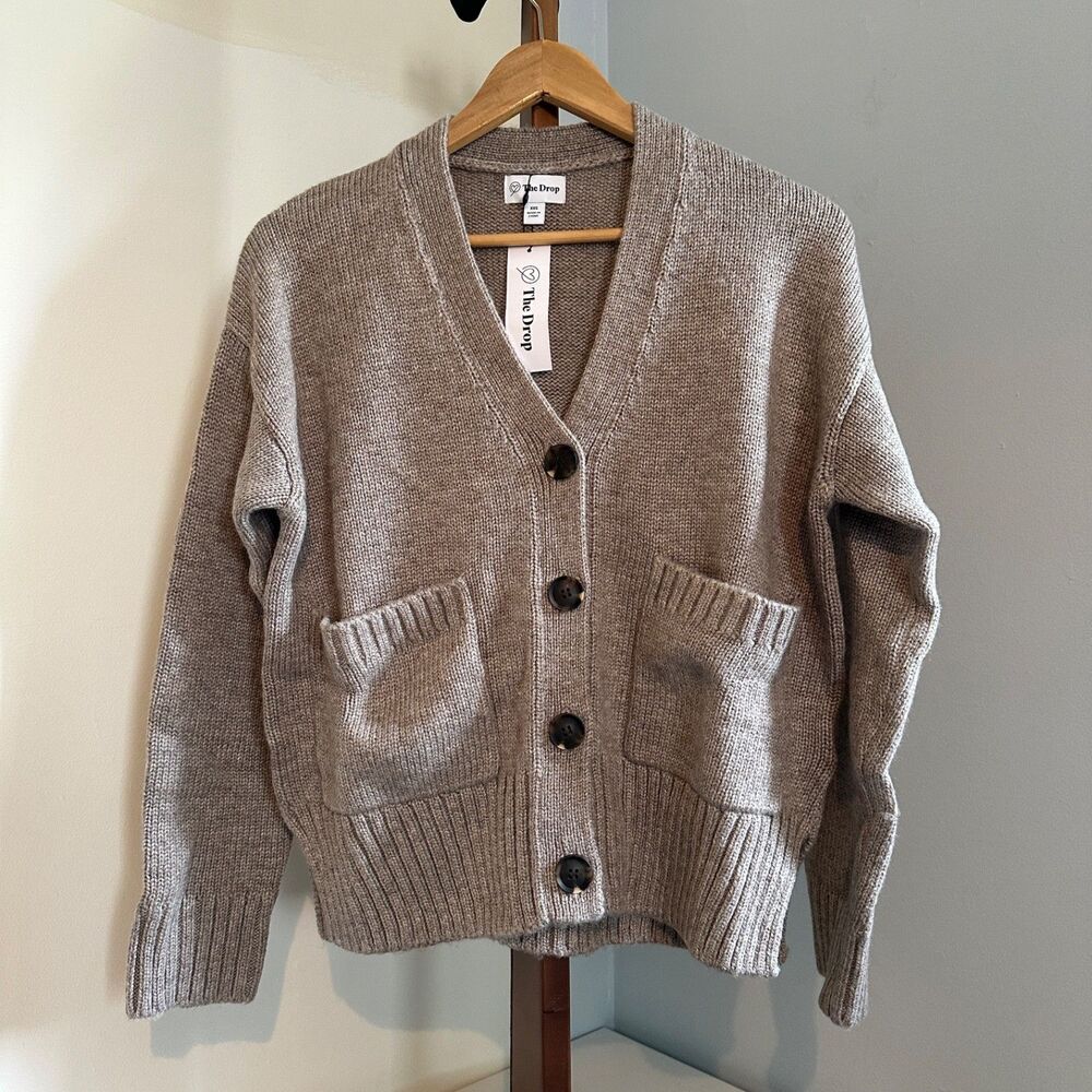 The Drop Womens S/M Taupe Oatmeal Chunky Knit Button Front Pocket Cardigan New